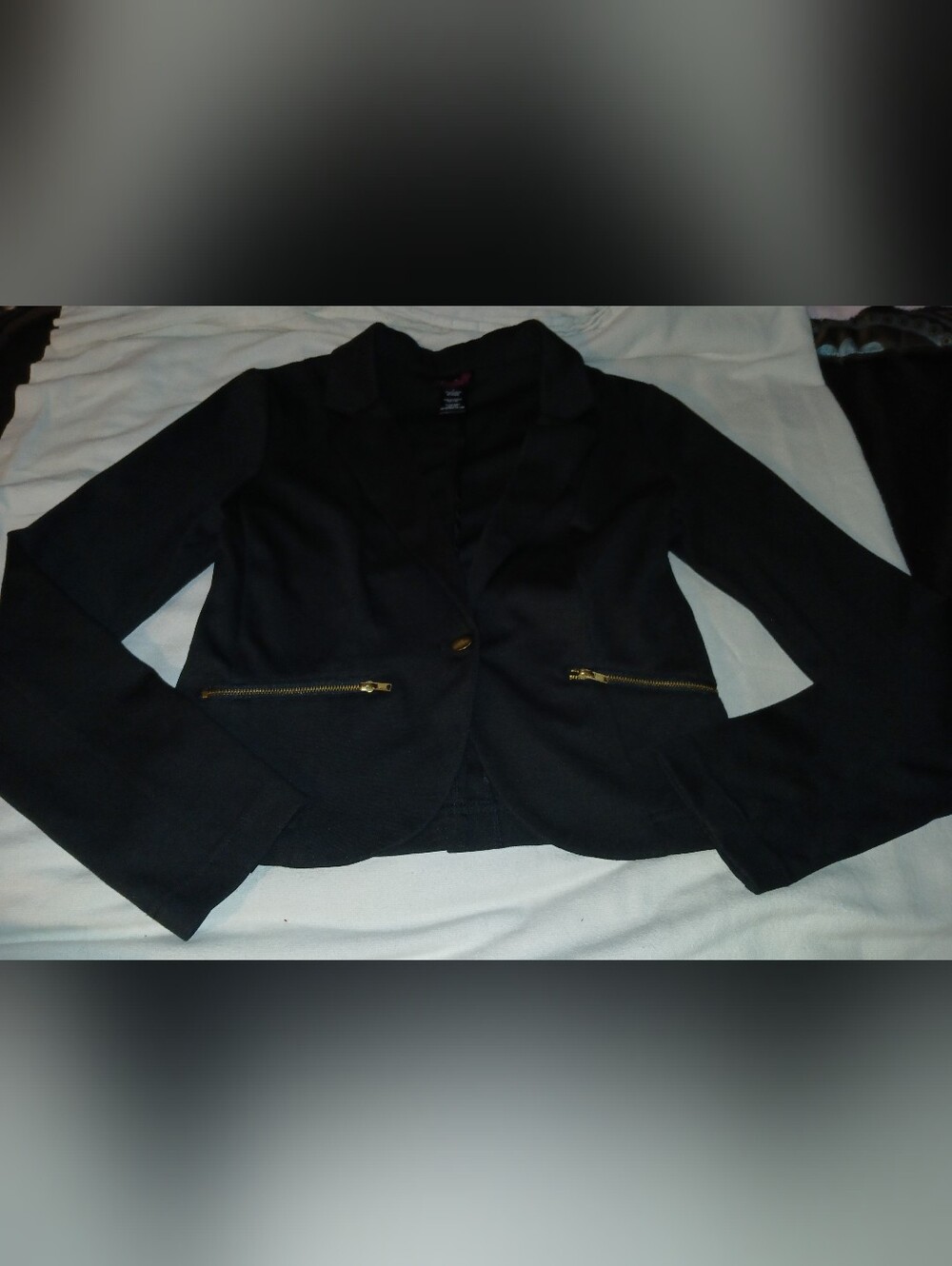 Pre-loved Women's Black Blazer Jacket with Gold Zipper Detail.